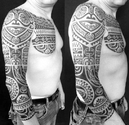 点击大图看下一张：图腾大花臂--一组霸气的大黑灰男性花臂纹身图案