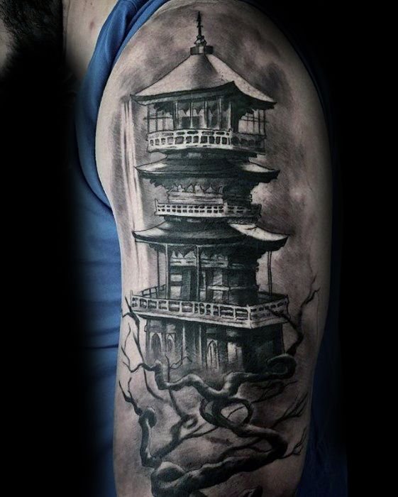 点击大图看下一张：古塔纹身--9张中国风古代塔楼建筑纹身图案作品