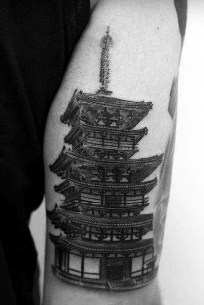 点击大图看下一张：古塔纹身--9张中国风古代塔楼建筑纹身图案作品