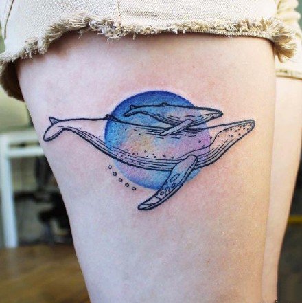 点击大图看下一张：9张漂亮的水彩色鲸鱼纹身图案作品