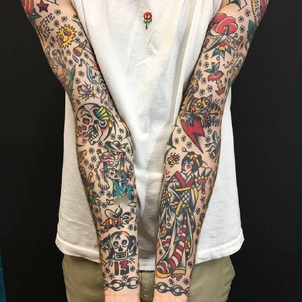 点击大图看下一张：school花臂纹身--一组漂亮的school风格的花臂纹身图案作品