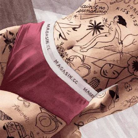 点击大图看下一张：国外插画师 Jean André创作的性感迷人水彩纹身大妞图片