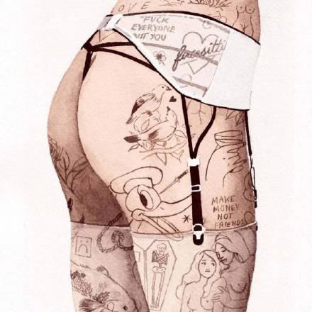 点击大图看下一张：国外插画师 Jean André创作的性感迷人水彩纹身大妞图片