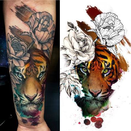 点击大图看下一张：水彩动物纹身--几张逼真的重水彩老虎等动物纹身图案