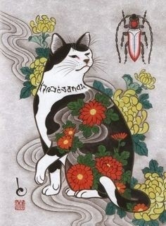 点击大图看下一张：日本插画家田中秀治以猫为主题的浮世绘作品