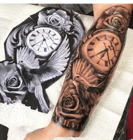 点击大图看下一张：黑臂时钟纹身--一组男士小手臂上的黑臂时钟指南针纹身图案