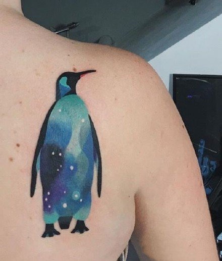 点击大图看下一张：企鹅纹身图--一组彩色的星空企鹅主题的纹身图案作品