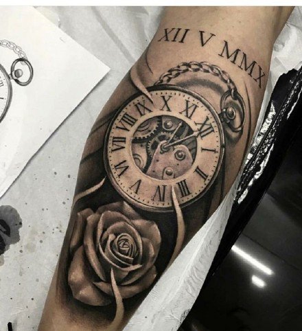 点击大图看下一张：手臂胳膊上的欧美黑灰钟表玫瑰纹身图案9张