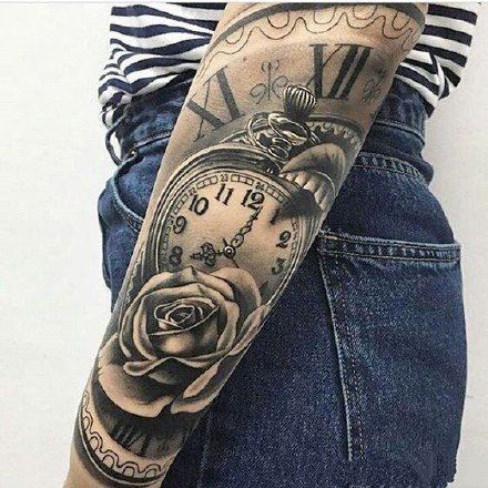 点击大图看下一张：手臂胳膊上的欧美黑灰钟表玫瑰纹身图案9张