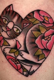 心形猫咪纹身--一组oldschool风格的猫咪主题心形纹身图案