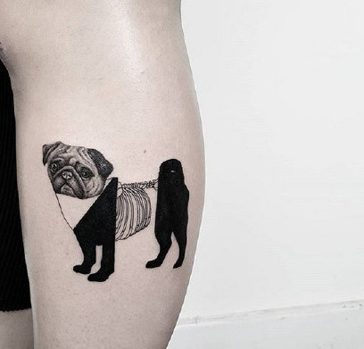 点击大图看下一张：创意十足的露一截骨骼的纯黑动物组合纹身