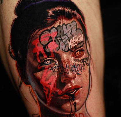 点击大图看下一张：另类风格的彩色写实女性人像纹身图案作品