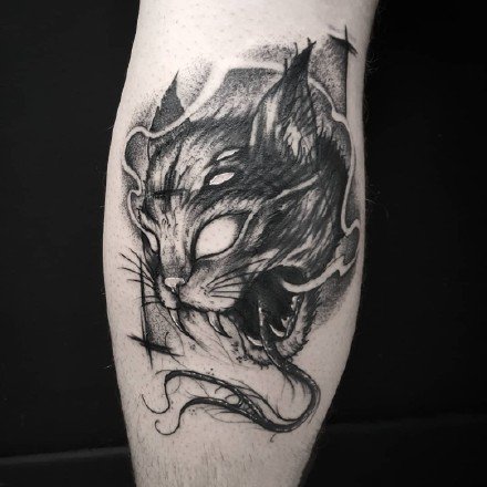 点击大图看下一张：黑化了的一组9张暗黑猫咪纹身图案作品