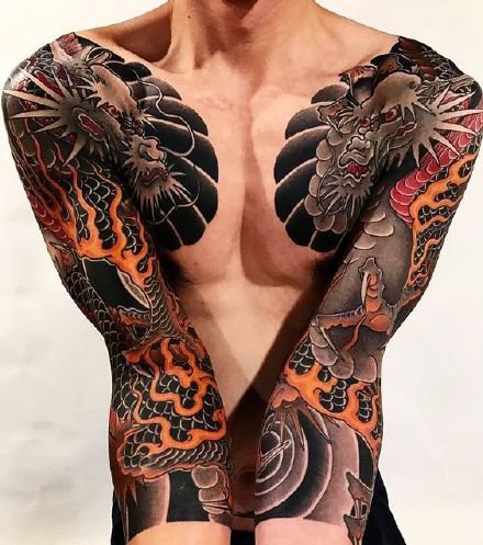 点击大图看下一张：9张男士霸气的双半甲花臂纹身图案作品欣赏