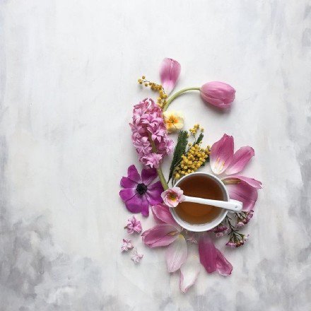 点击大图看下一张：鲜花与茶自然搭配的摄影作品