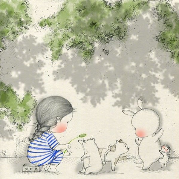 点击大图看下一张：小女孩与兔子的可爱卡通壁纸