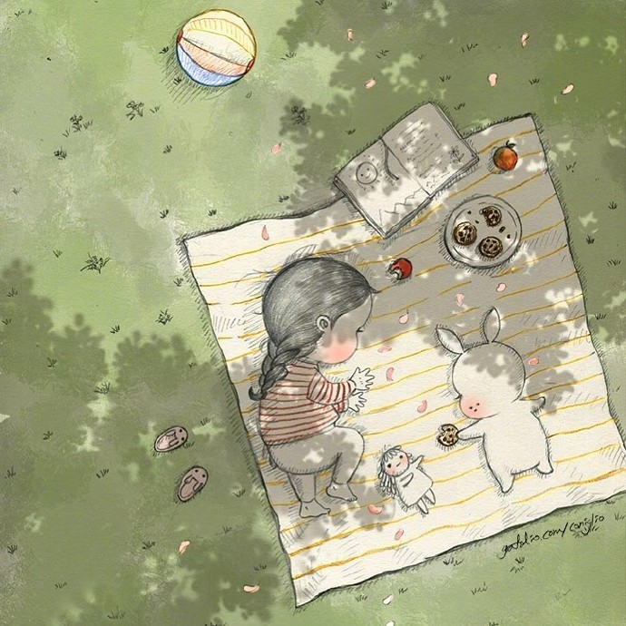 点击大图看下一张：小女孩与兔子的可爱卡通壁纸