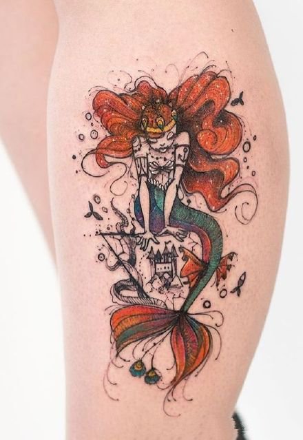 点击大图看下一张：手臂和腿部很漂亮的一组彩色插画风格的纹身图案