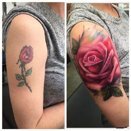 点击大图看下一张：用玫瑰花做的修改遮盖纹身图案前后对比图