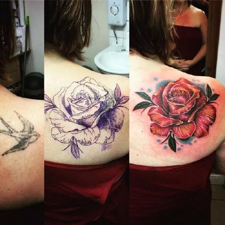 点击大图看下一张：用玫瑰花做的修改遮盖纹身图案前后对比图
