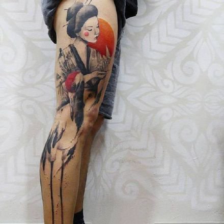 点击大图看下一张：一组风格个性的日本艺伎纹身图案作品9张