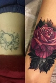 用玫瑰花做的修改遮盖纹身图案前后对比图