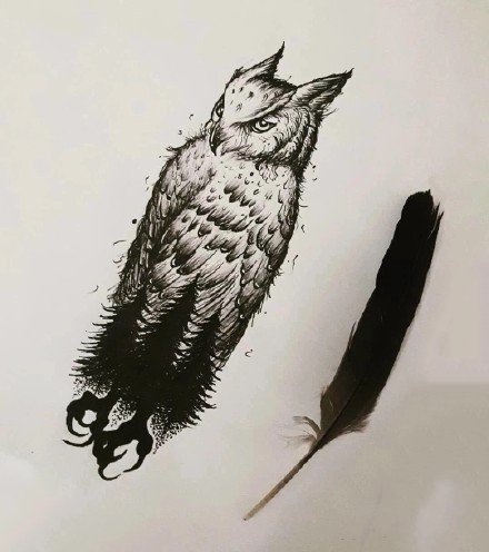 点击大图看下一张：个性猫头鹰纹身：黑灰风格的一组猫头鹰纹身图案作品