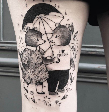 点击大图看下一张：可爱的一组黑灰童趣动物单线纹身作品图案