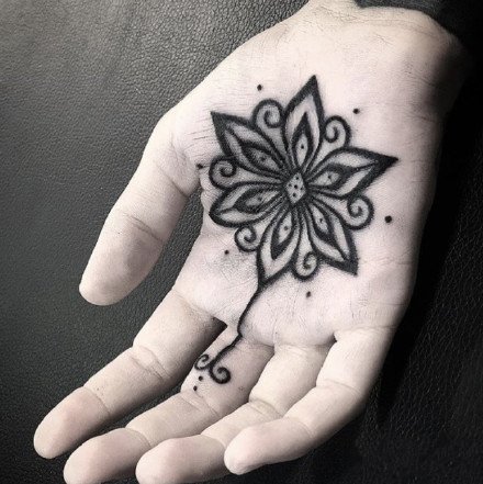 点击大图看下一张：纹在手掌心里的创意黑色小纹身图案