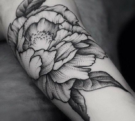 点击大图看下一张：纹在手臂胳膊上的黑灰素花花卉纹身图案欣赏