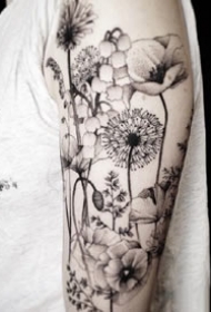 环绕在手臂上很好看的一组黑灰花卉主题纹身图案