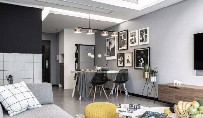 点击大图看下一张：90平灰色调北欧、现代简约混搭风格装修效果图