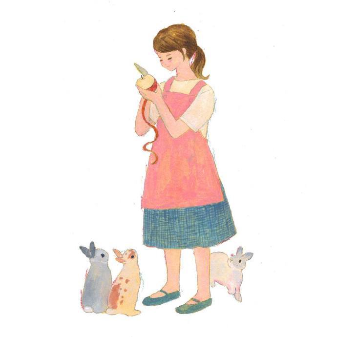 点击大图看下一张：一组小女孩与兔子的卡通唯美壁纸