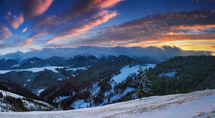 点击大图看下一张：雪山上的夕阳景观图片