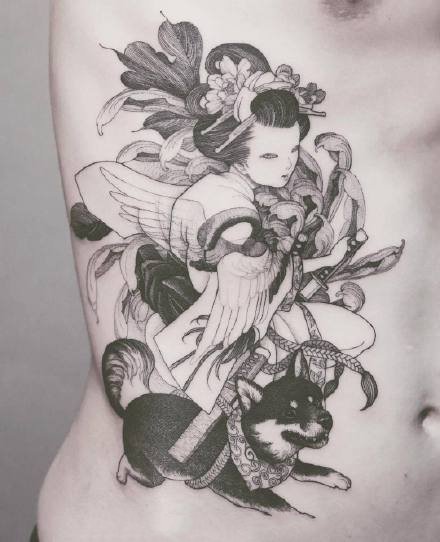点击大图看下一张：黑灰色调的一组日本艺伎纹身图案