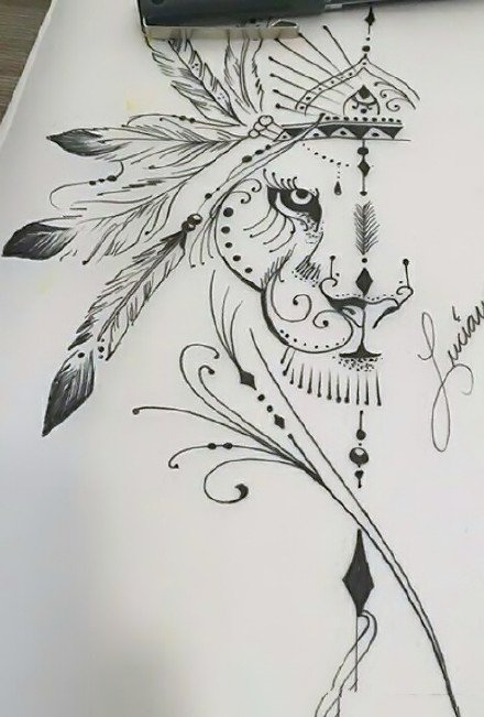 点击大图看下一张：狮子线条：漂亮的一组适合狮子座的线条狮子纹身图案