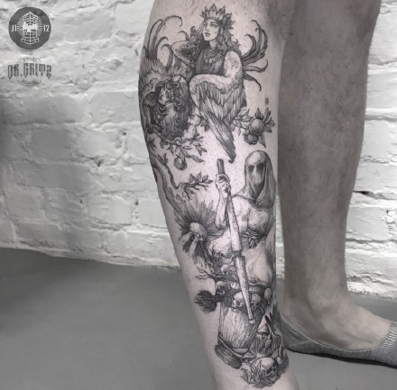 点击大图看下一张:欧美版画壁画的线条纹身黑灰作品
