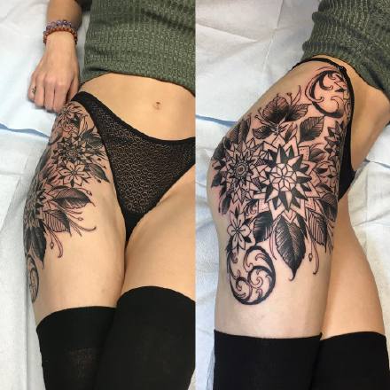 点击大图看下一张：女性大腿侧到臀部的性感纹身图片