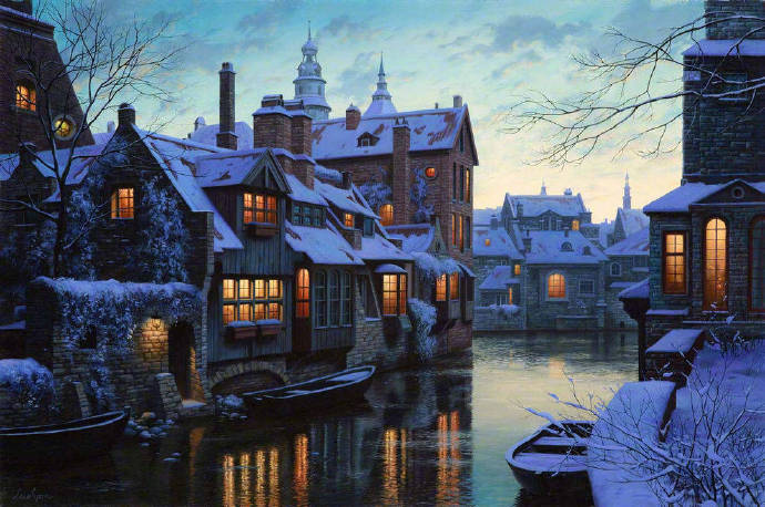 点击大图看下一张：一组雪夜童话小镇的美景图片欣赏