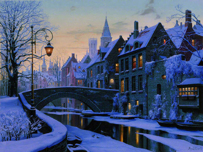 点击大图看下一张：一组雪夜童话小镇的美景图片欣赏