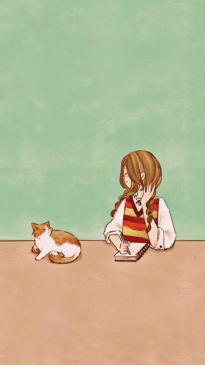 点击大图看下一张：小女孩和小猫咪的可爱卡通壁纸图片欣赏