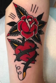 红色old school风格的玫瑰花朵纹身图