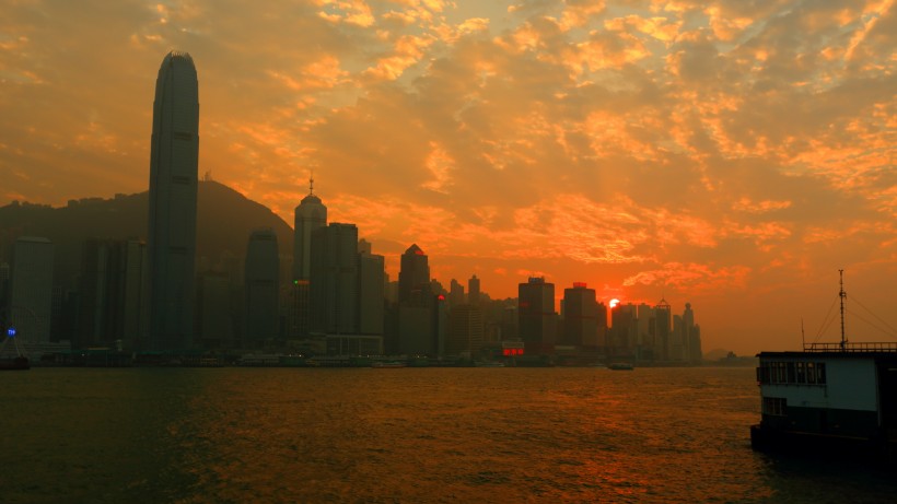 点击大图看下一张：香港维多利亚港日落风景图片