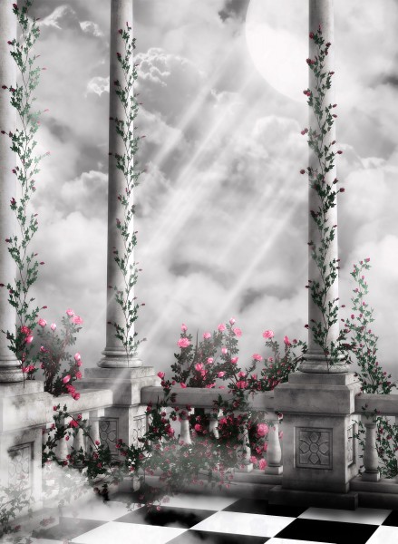 点击大图看下一张：梦幻花朵建筑背景素材图片