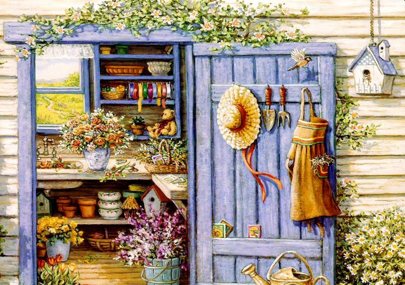 点击大图看下一张：温馨家庭花园油画图片