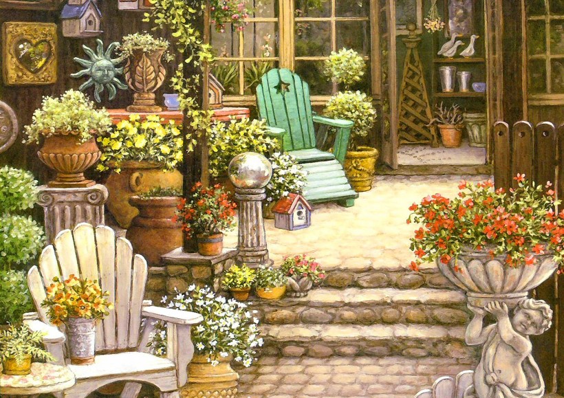 点击大图看下一张：温馨家庭花园油画图片