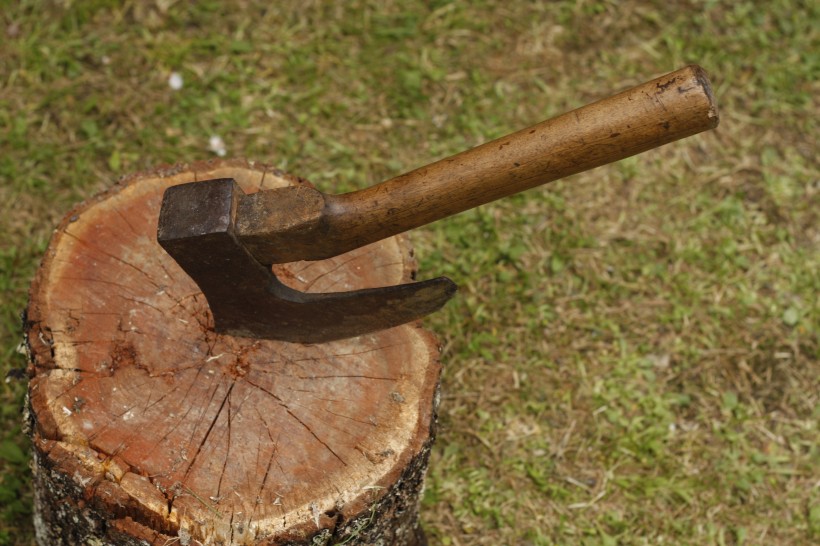 点击大图看下一张：砍在木头上的斧头图片
