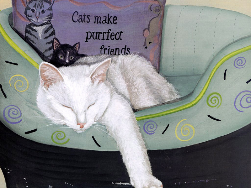 点击大图看下一张：猫咪和它的小伙伴手绘图片