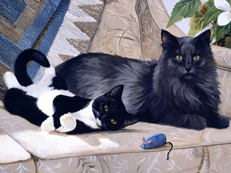 点击大图看下一张：猫咪和它的小伙伴手绘图片