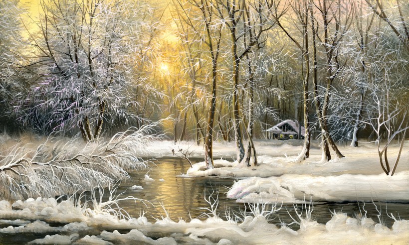 点击大图看下一张：冬日雪景油画图片